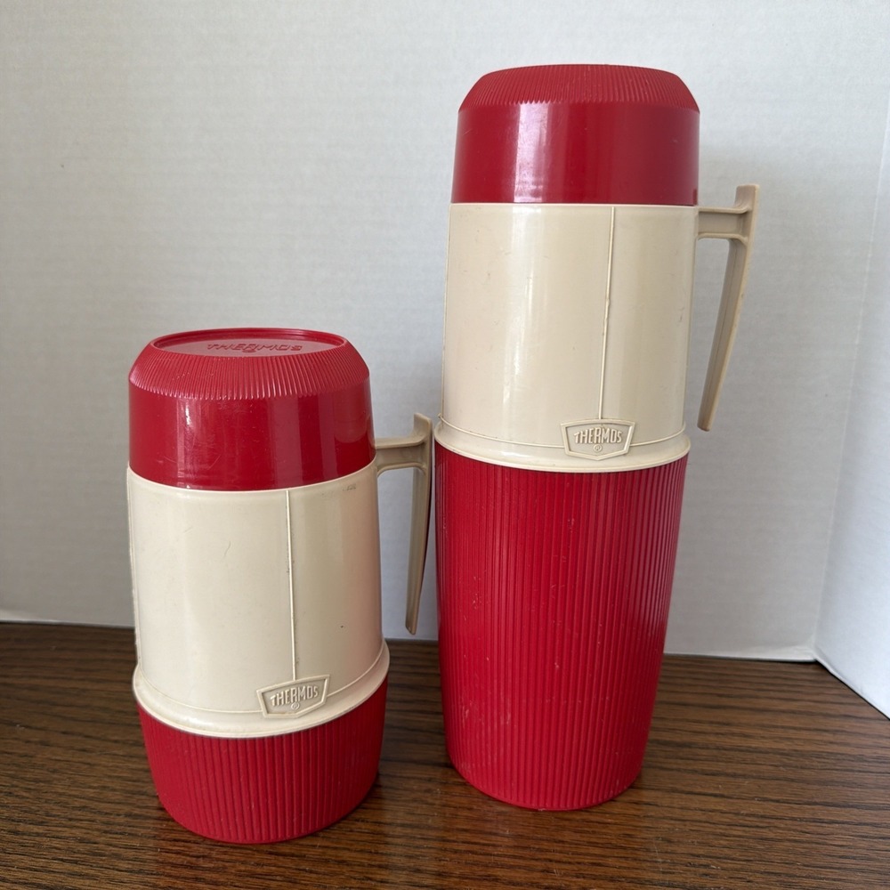 Vintage Thermos Set Model 6402 & 6202 Red and Tan Wide Mouth Retro Bottles 1970